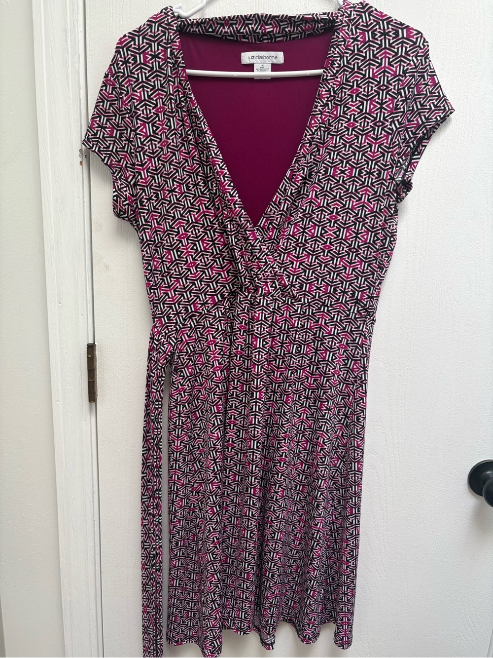 Liz Claiborne Black, White & Pink Geometric Wrap Dress